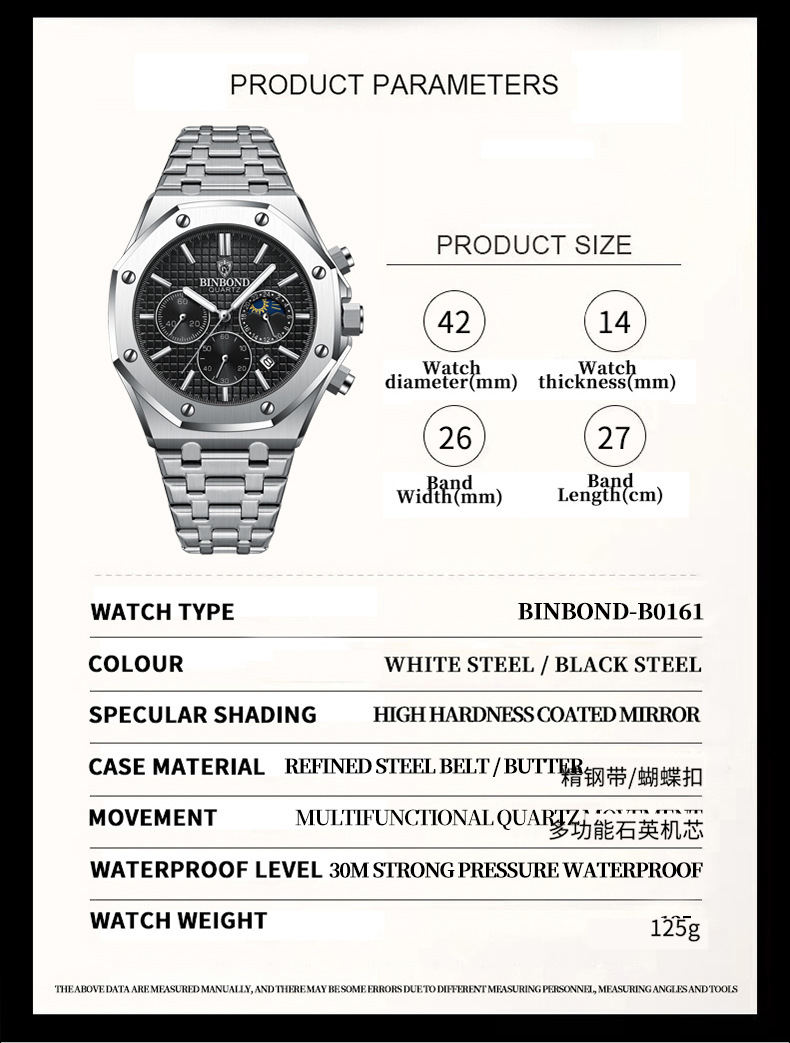BINBOND-Montre à quartz étanche en acier inoxydable pour homme, montre-bracelet de luxe, marque Top Box, horloge décontractée, B0161, 2024 AI0001 – Image 3