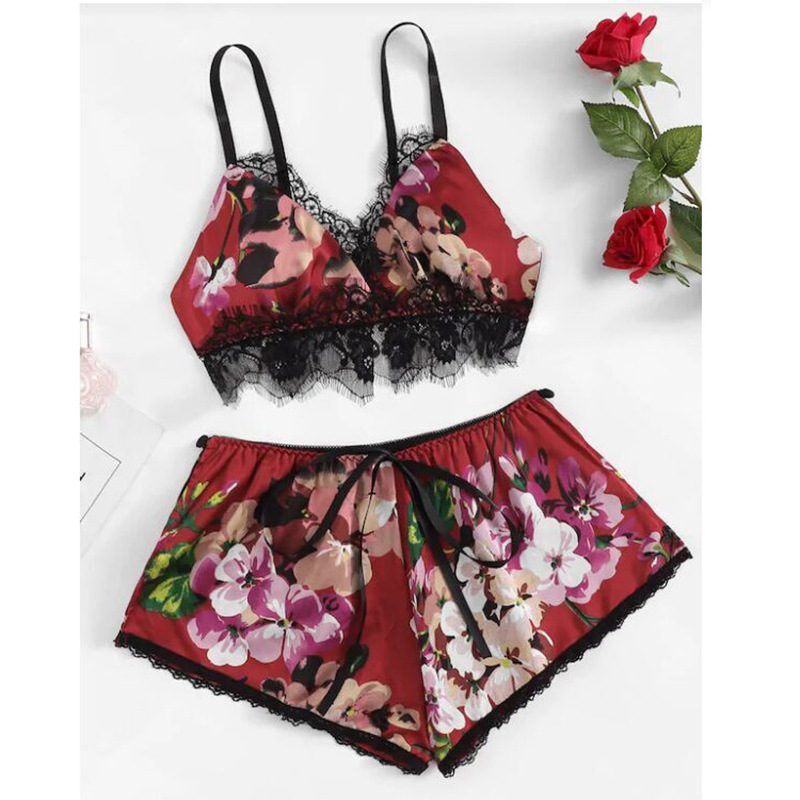 Ensembles de pyjamas en dentelle sexy pour femmes, sous-vêtements à fleurs, haut caraco, short, vêtements de maison, faux vêtements de nuit d'été, vêtements de détente décontractés AI0001 – Image 6