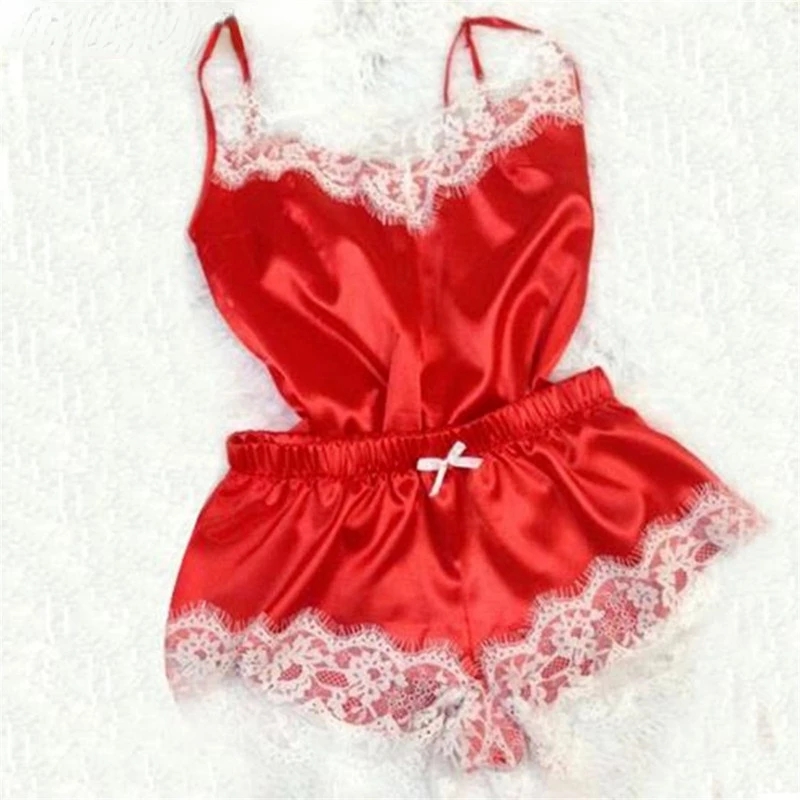 Pyjama en Satin et dentelle pour femmes, vêtements de nuit Sexy, haut sans manches + short, 2 pièces AI0001 – Image 5