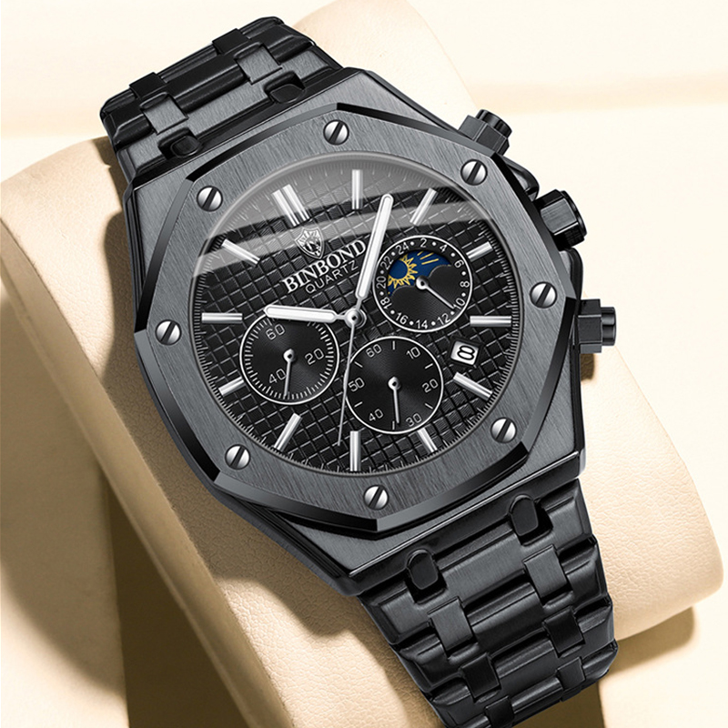 Montre à Quartz en Acier Inoxydable pour Homme, Marque de Luxe, Argent, Mode d'Affaires, Phase de Lune, Chronographe, Horloge Multifonctionnelle AI0001 – Image 4