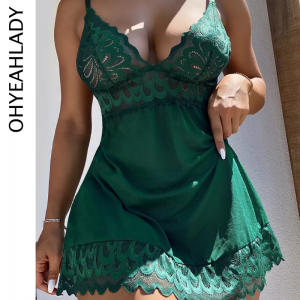 Ohyeahlady-Chemise de nuit en dentelle florale verte sexy, vêtements de nuit en V profond, robe de nuit avec string, chemise de nuit en maille lisse et évidée AI0001