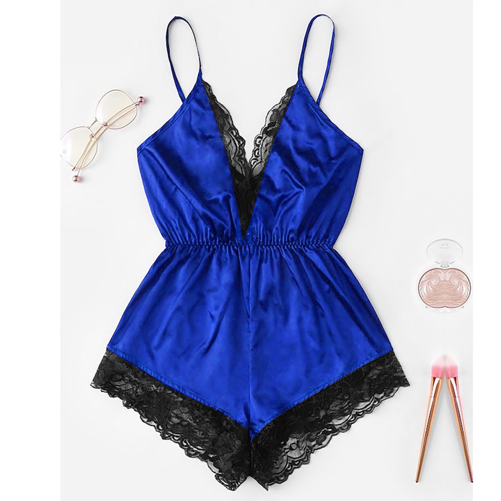 Vêtements de nuit en satin doux pour femmes, lingeries sexy pour femmes, col en V, panneau en dentelle, coupe couvertes, pyjamas féminins, bretelles spaghetti, robe de poupées de tambour AI0001 – Image 5