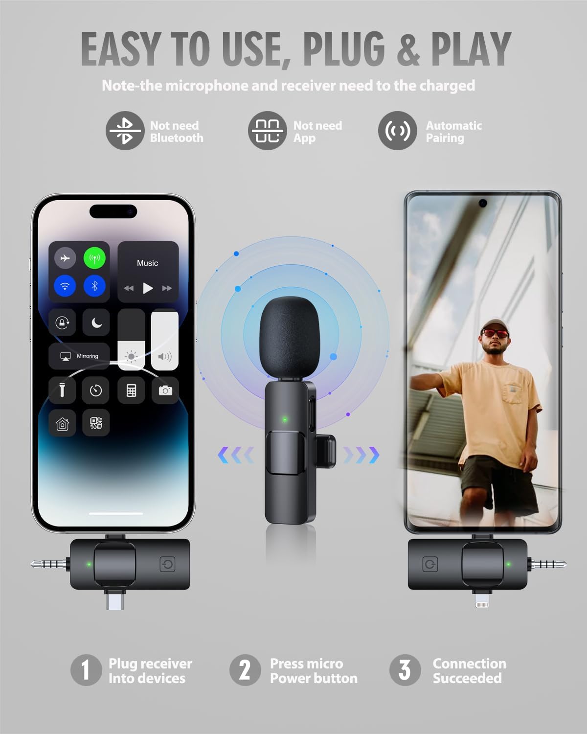 Microphone Lavalier sans fil 3 en 1 pour iPhone Android, micro-cravate antibruit pour téléchargements, vidéo, podcast AI0001 – Image 6