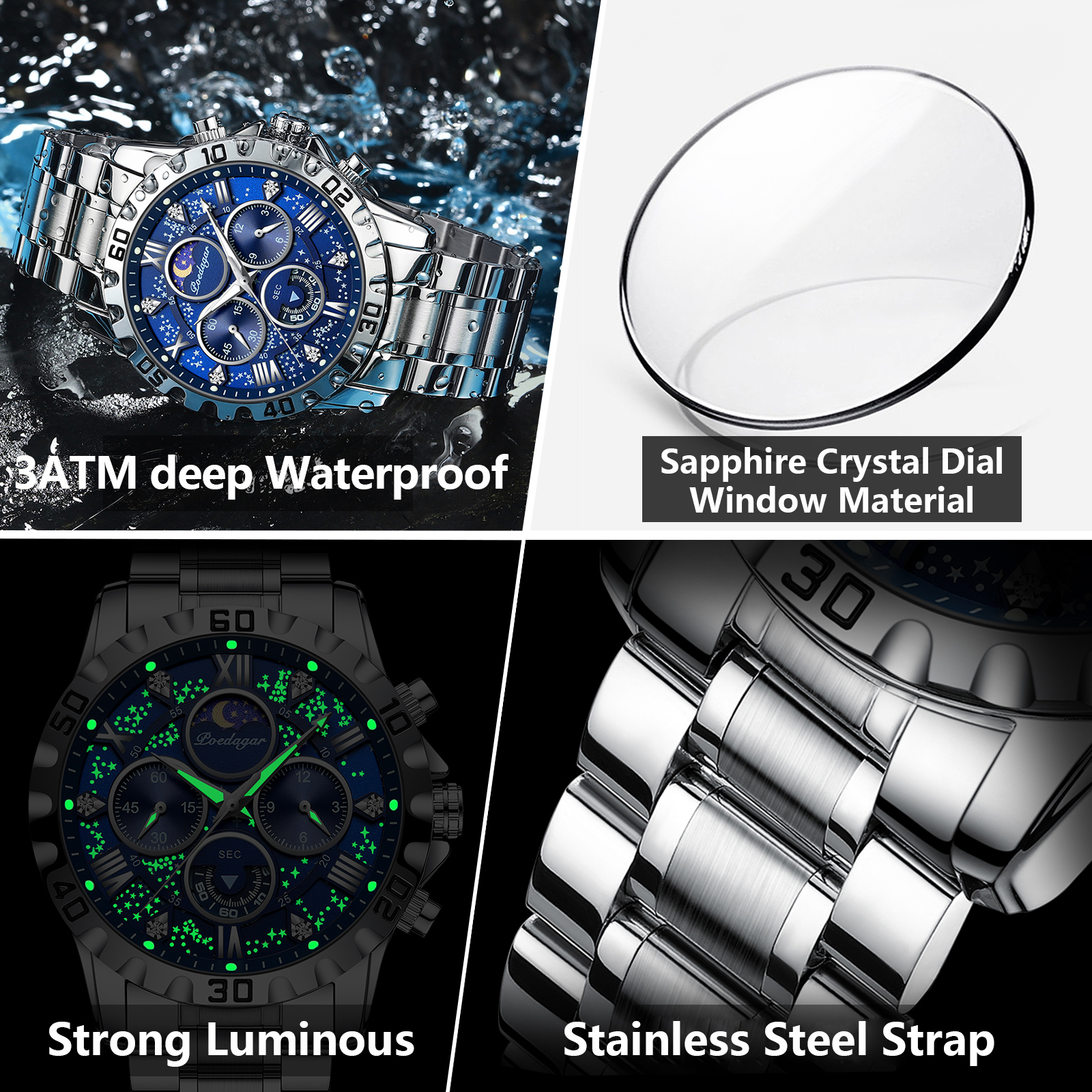 POEDAGAR-Montre Militaire de Luxe pour Homme, Montre-Bracelet de dehors à Quartz, Étanche, Shoous, Chronographe, en Acier Inoxydable AI0001 – Image 4
