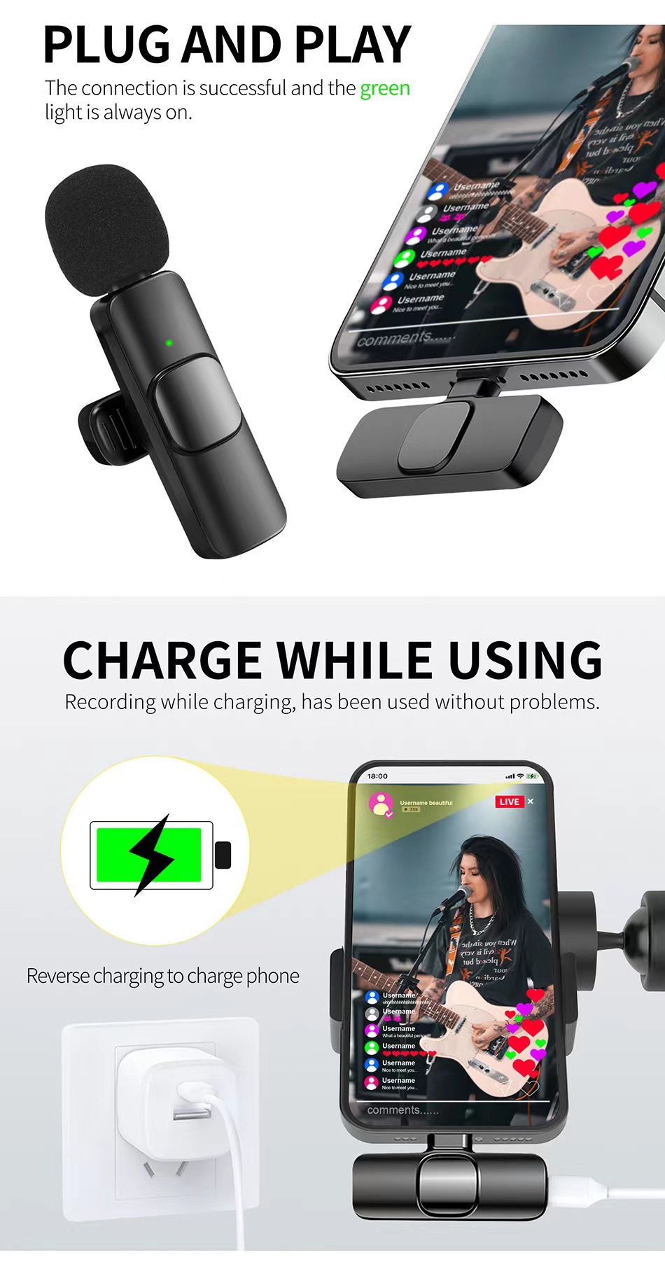 Mini microphone Lavalier sans fil pour iPhone, Android, téléchargements vidéo mobiles, diffusion en direct statique, micro portable de jeu Vlog Microphone Nouveau 2.4G réduction du bruit audio enregistrement vidéo jeu AI0001 – Image 2