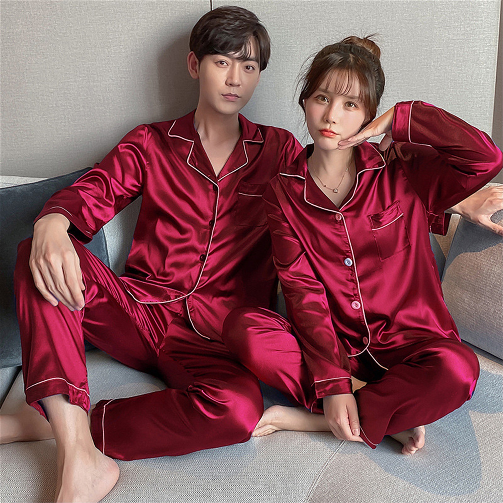 Ensemble de pyjama en satin à manches longues pour couple, vêtements de détente pour hommes, vêtements de nuit pour amoureux, pyjama Pj, grande taille AI0001 – Image 5