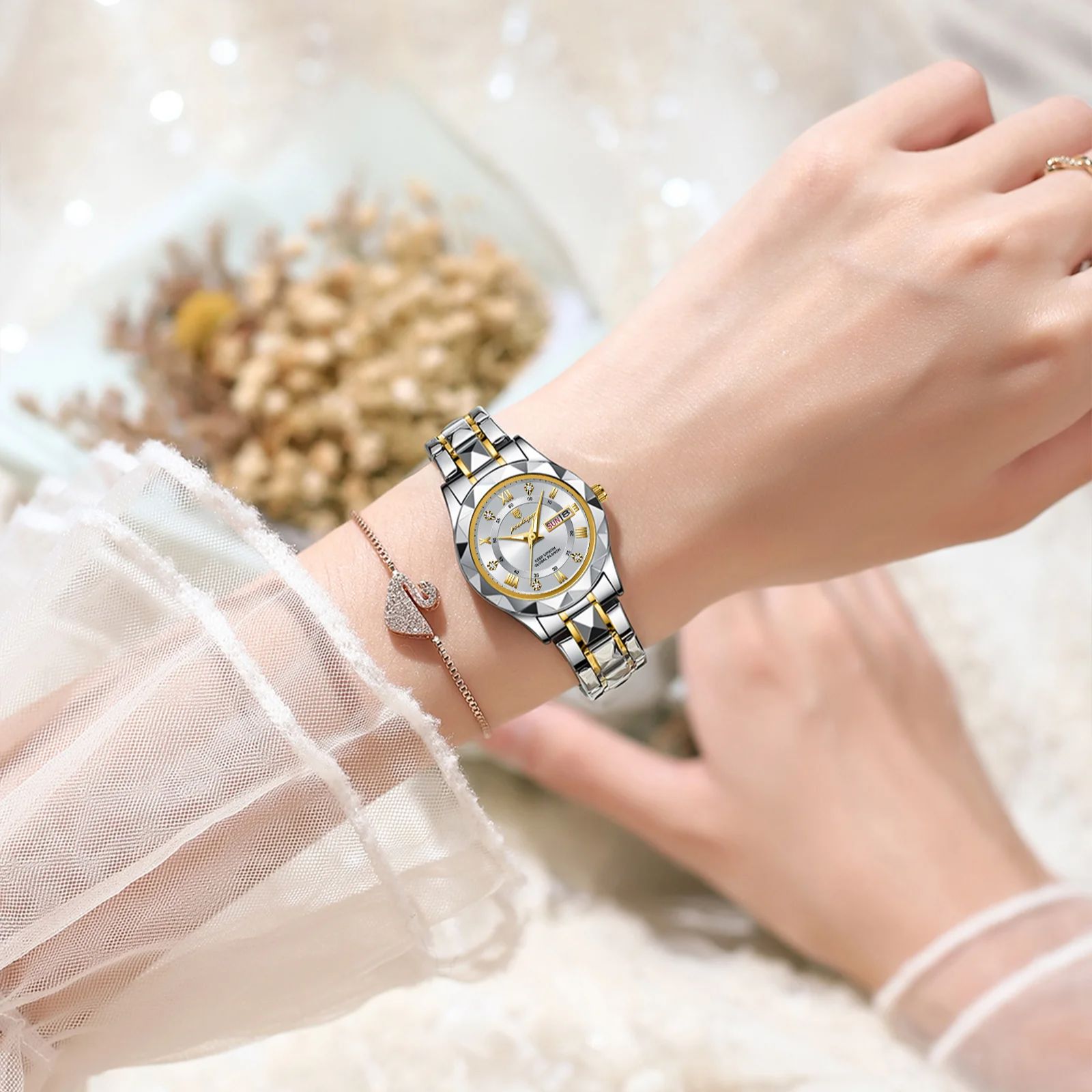 POEDAGAR-Montre à Quartz de Luxe en Acier Inoxydable pour Femme, Montre-Bracelet Étanche et Élégante avec Boîte AI0001 – Image 3