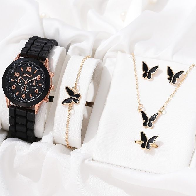 Ensemble de montre-bracelet à quartz pour femme, bague, collier, boucles d'oreilles, bracelet, coeur, papillon, bijoux pour femme, noir, mode de luxe, 5 pièces, 6 pièces AI0001