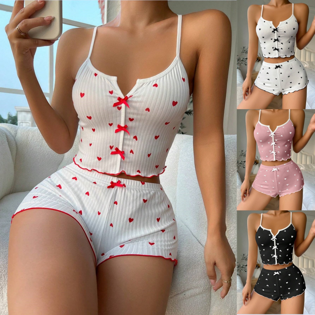 Short à bretelles sexy pour femme, pyjama imbibé de lait, vêtements de maison confortables, imprimé nœud AI0001 – Image 7