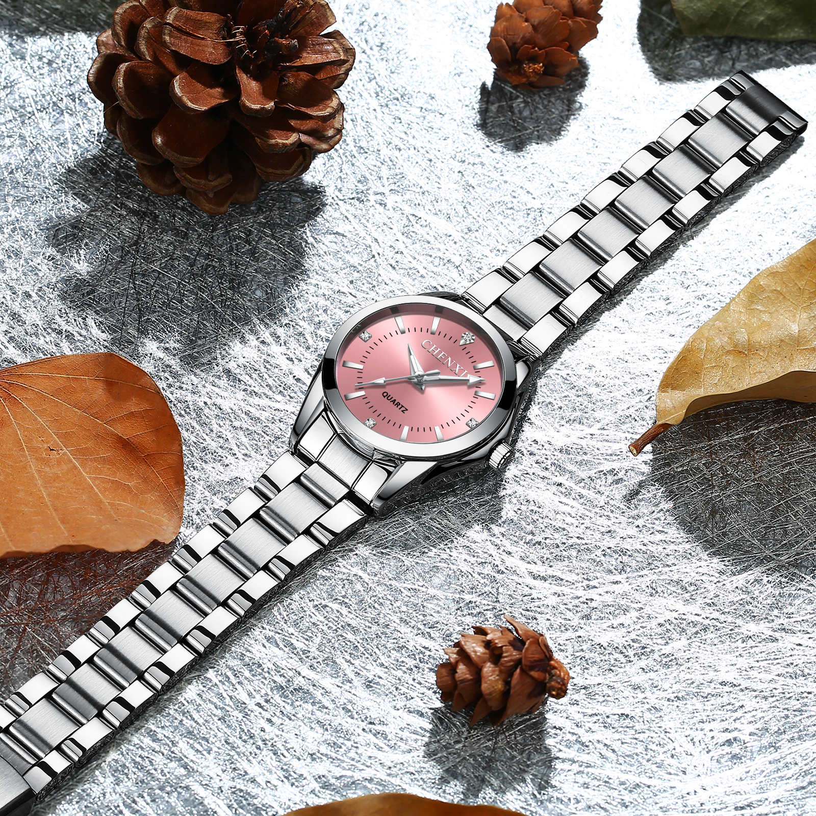 CHENXI-Montre-bracelet à quartz en acier inoxydable pour femme, horloge argentée, montre étanche pour femme, mode AI0001 – Image 5