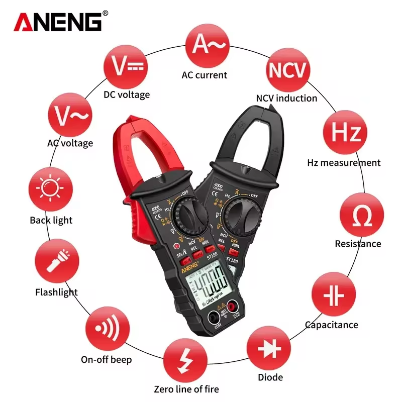 ANENG-Pince ampèremétrique numérique ST180 4000 points, multimètre de courant alternatif, ampèremètre, testeur de tension, ampli de voiture Hz, puzzles itance NCV Ohm, outil 1 pièce AI0001 – Image 4