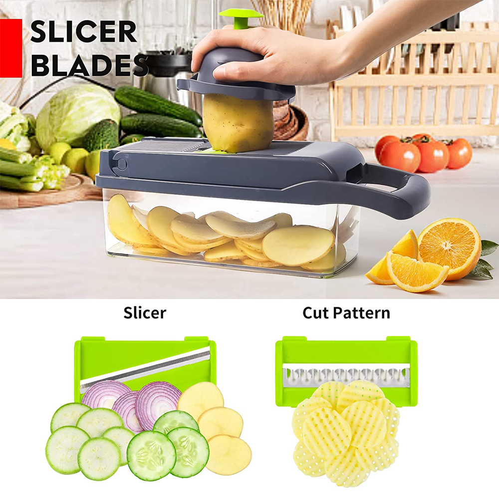 LMETJMA-Hachoir à légumes professionnel, trancheuse à mandoline, hachoir à oignons, trancheuse à légumes avec 8 lames et panier filtrant KC0451 AI0001 – Image 4