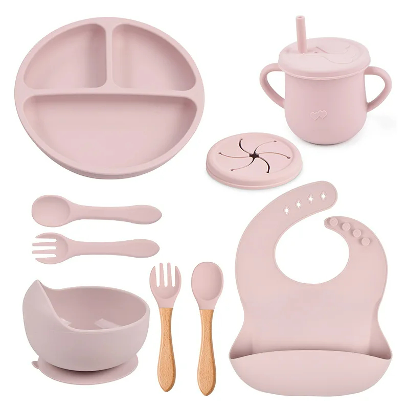 Ensemble d'alimentation en silicone pour bébé, 9 pièces, bol à ventouse, assiette, cuillère, fourchette, bavoir, tasse, non ald AI0001