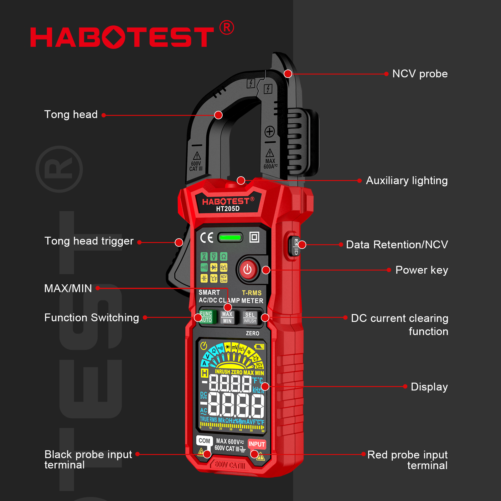 HABOTEST-HT205 Pince ampèremétrique 600A True RMS, courant AC/DC, mesure le courant, la tension, la température, puzzle, itance, testeur Ohm AI0001 – Image 3