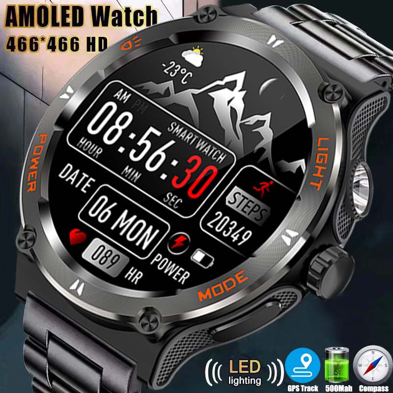 Montre intelligente militaire robuste pour hommes, appel Bluetooth, suivi GPS, fréquence cardiaque 2024 mAh, suivi de la condition physique, 3ATM, étanche, nouveau, 500 AI0001