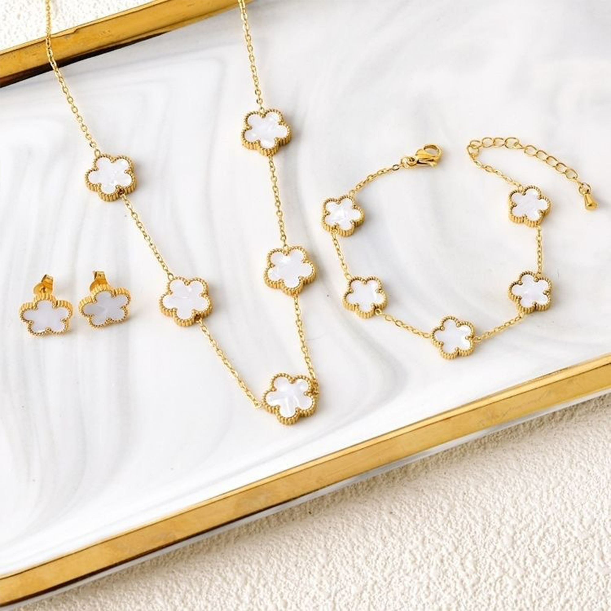 Everver-Ensemble de bijoux en acier inoxydable pour femme, cinq fleurs du cuir chevelu, bracelet, collier, boucles d'oreilles, luxe, haute qualité, cadeau de fête AI0001 – Image 7