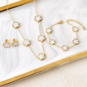 Everver-Ensemble de bijoux en acier inoxydable pour femme, cinq fleurs du cuir chevelu, bracelet, collier, boucles d'oreilles, luxe, haute qualité, cadeau de fête AI0001