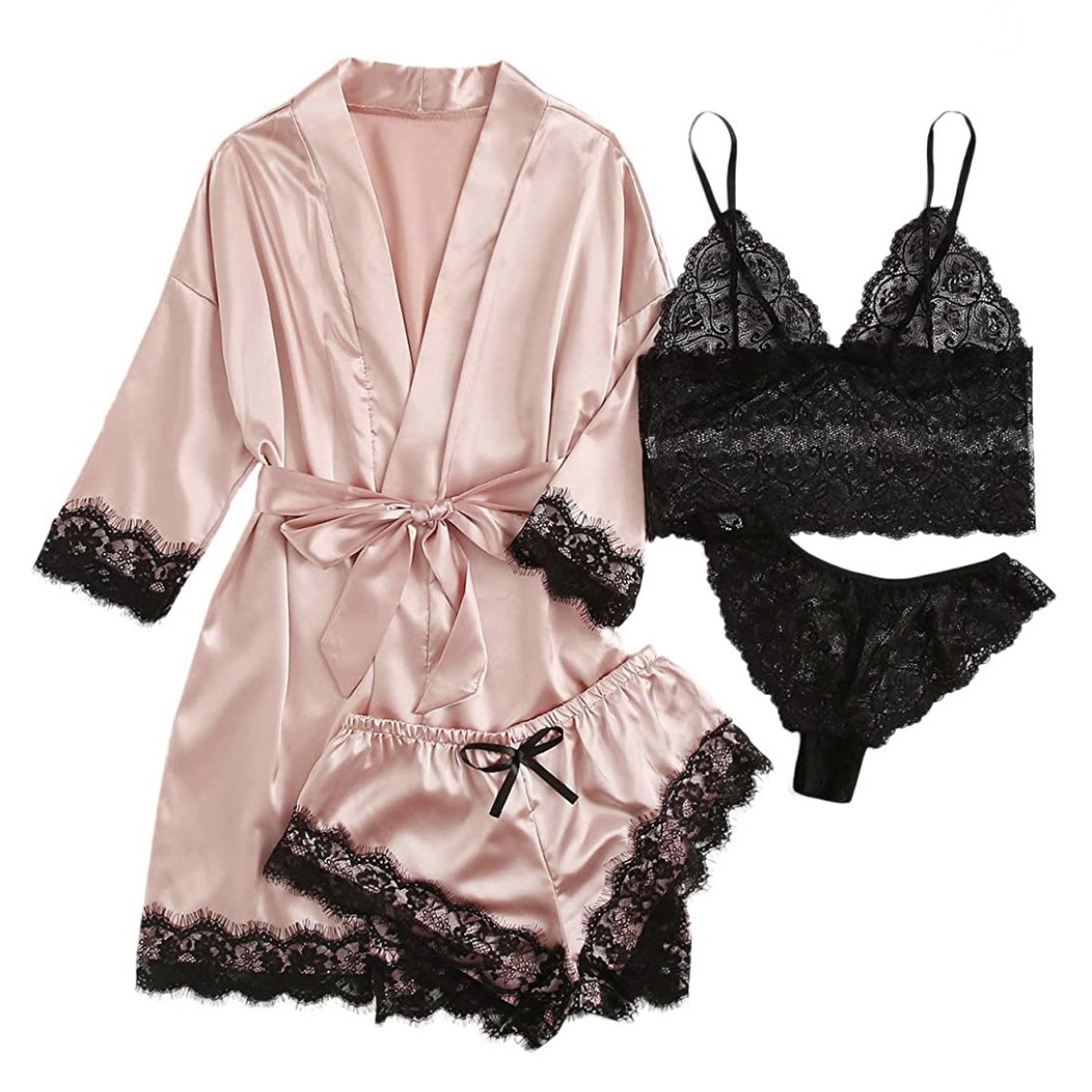 Ensemble pyjama en satin pour femme, 4 pièces, avec bretelles en dentelle, pour dormir, nouvelle collection été AI0001 – Image 5