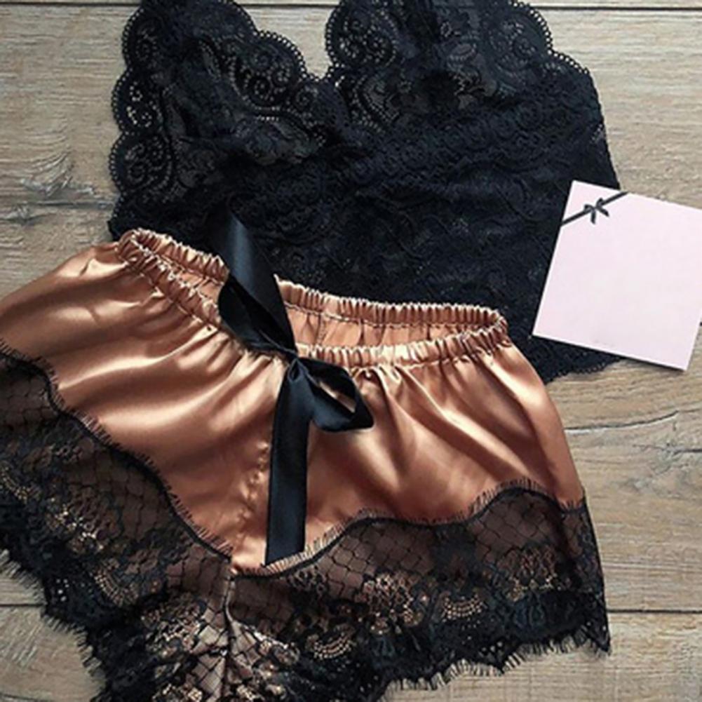 Ensemble de pyjama en dentelle ultra-mince pour femmes, vêtements de nuit sexy, soutien-gorge tubulaire, pantalon court, vêtements de nuit pour la maison AI0001 – Image 7