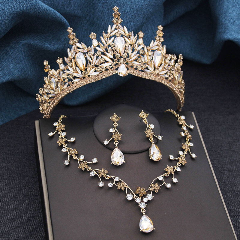 Ensemble de bijoux en cristal de champagne pour la mariée, couronne de mariage baroque, boucles d'oreilles diadème, collier de patients, costume de fête, cadeau d'anniversaire, paquet de 3 AI0001 – Image 5