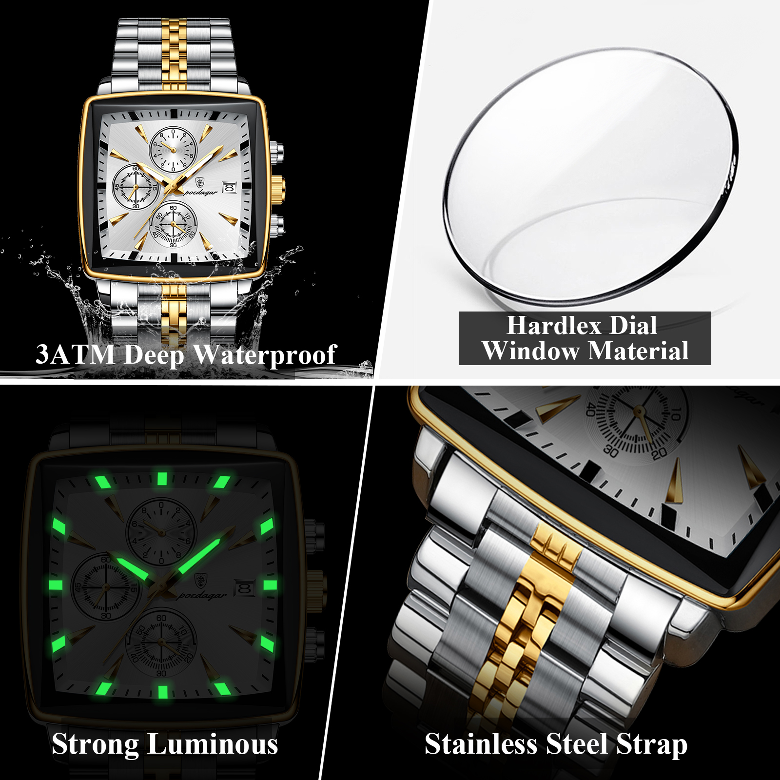 POEDAGAR-Montre-bracelet de sport carrée de luxe pour homme, chronographe Shoe étanche, montres à quartz pour homme, acier inoxydable AI0001 – Image 4