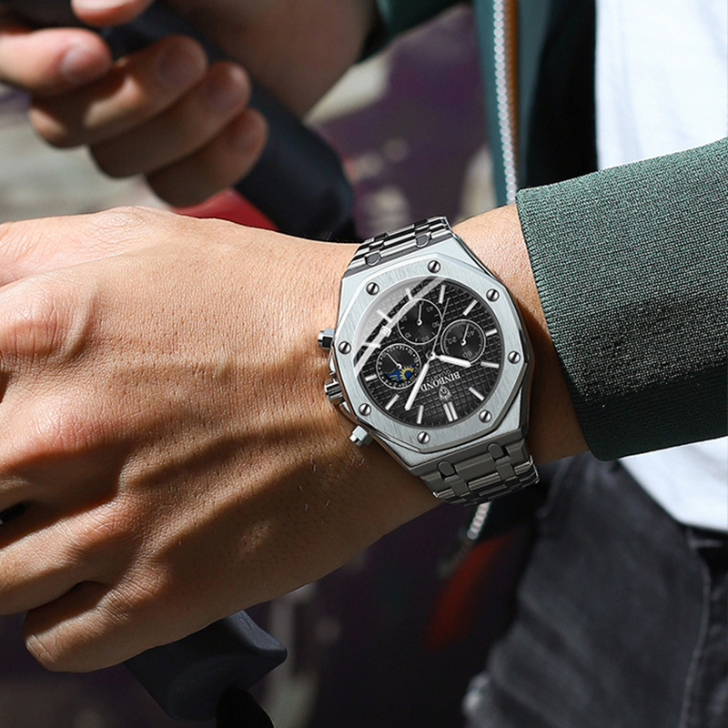 Montre à Quartz en Acier Inoxydable pour Homme, Marque de Luxe, Argent, Mode d'Affaires, Phase de Lune, Chronographe, Horloge Multifonctionnelle AI0001 – Image 2