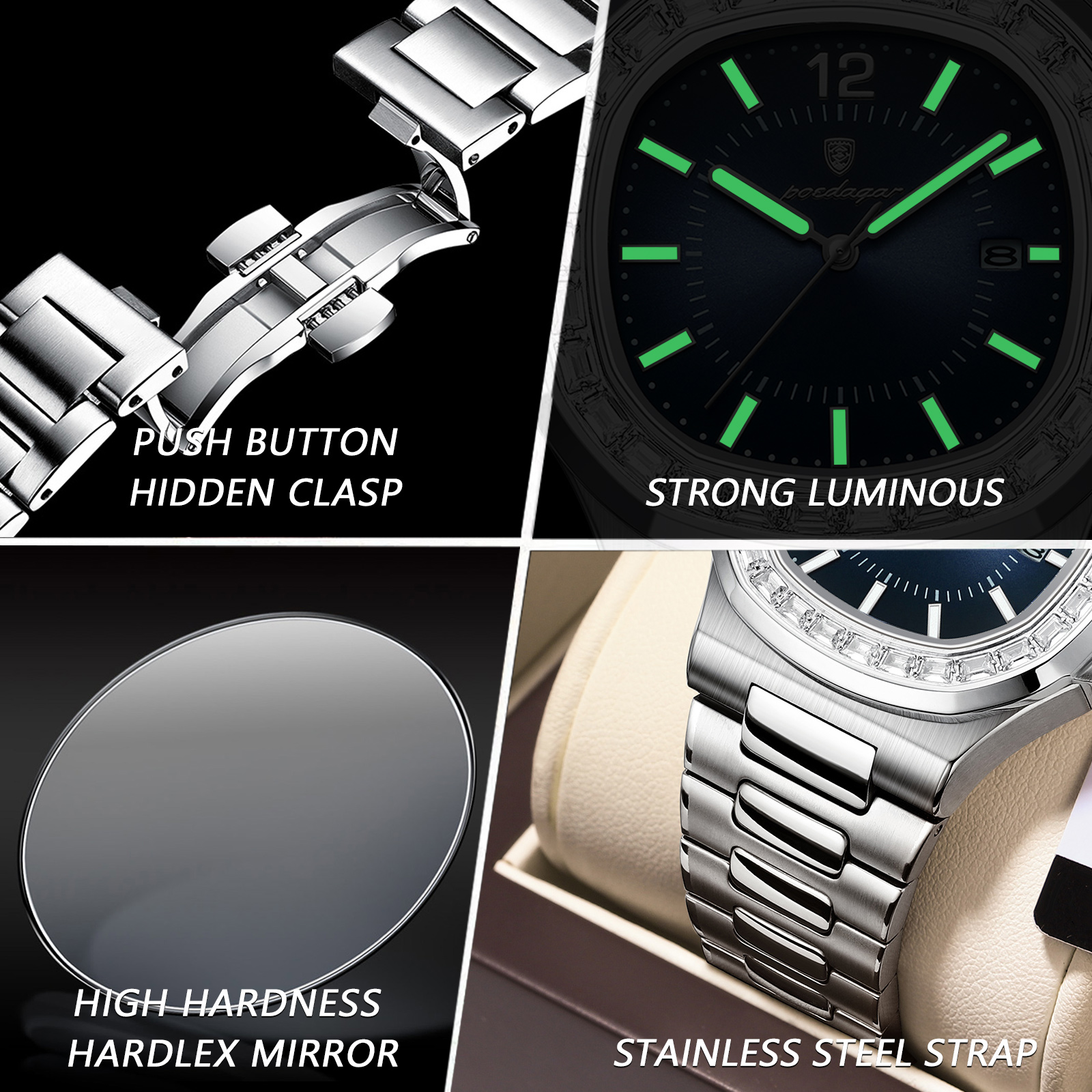 POEDAGAR-Montre à quartz carrée étanche pour homme, acier inoxydable, date Shoe, luxe, horloge de sport AI0001 – Image 5