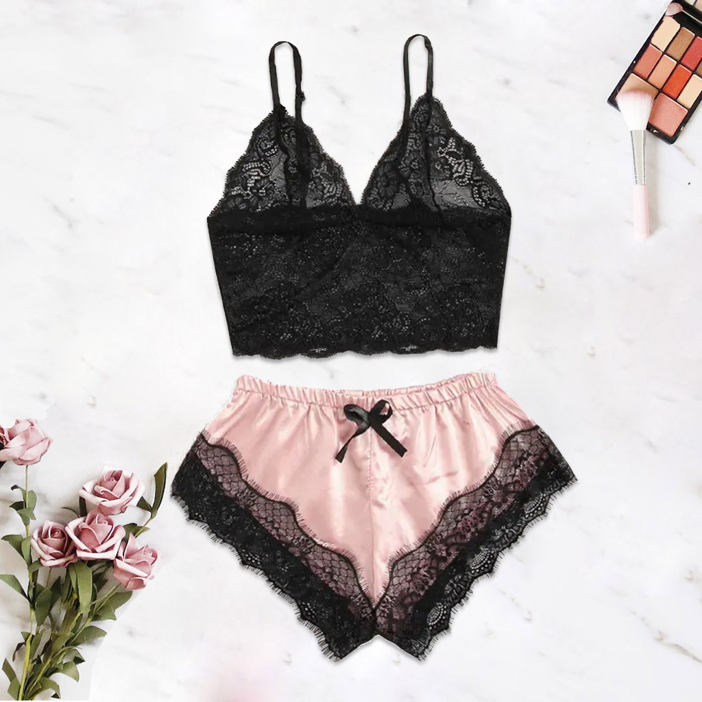Ensemble de pyjama en dentelle satinée pour femme, caraco à col en V, short à nœud papillon, vêtements de nuit, lingerie douce, sous-vêtements sexy en fibre, Y-Suspender AI0001 – Image 7
