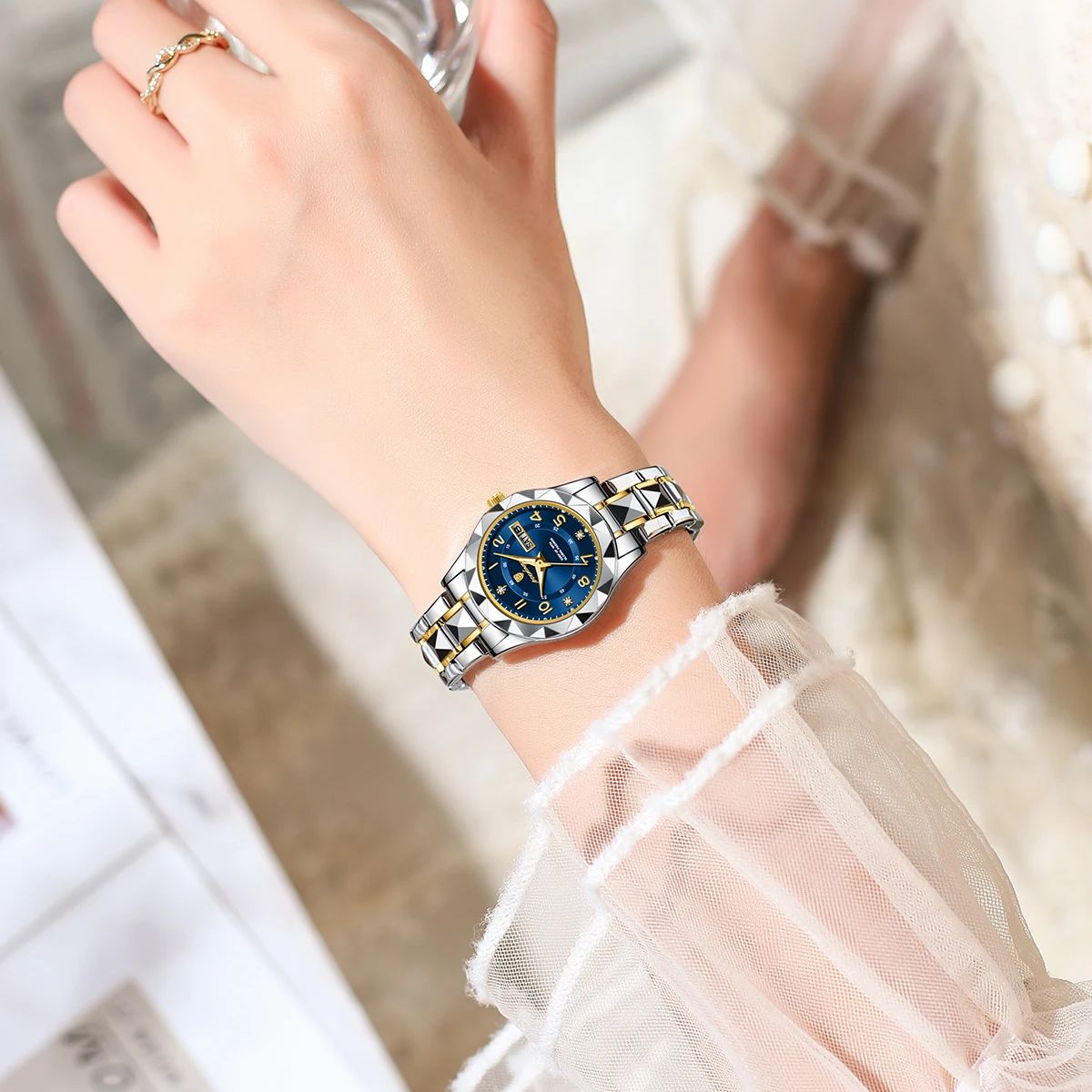 POEDAGAR-Montre habillée en acier inoxydable à quartz pour femme, montres de luxe pour femme, étanche, Shoous, date, semaine AI0001 – Image 2