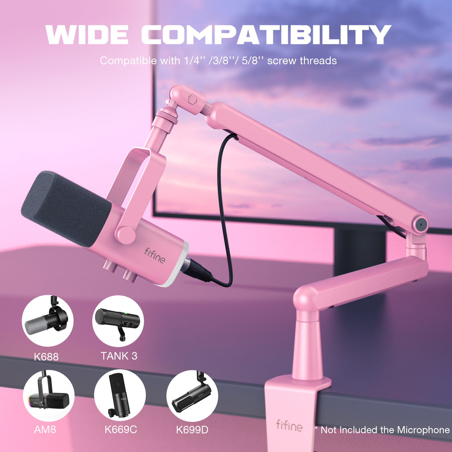 FIFINE Microphone profil bas HON, Bras micro réglable en métal avec gestion des câbles/C-Clamp pour streaming AM8,K688-BM88P-Pink AI0001 – Image 2
