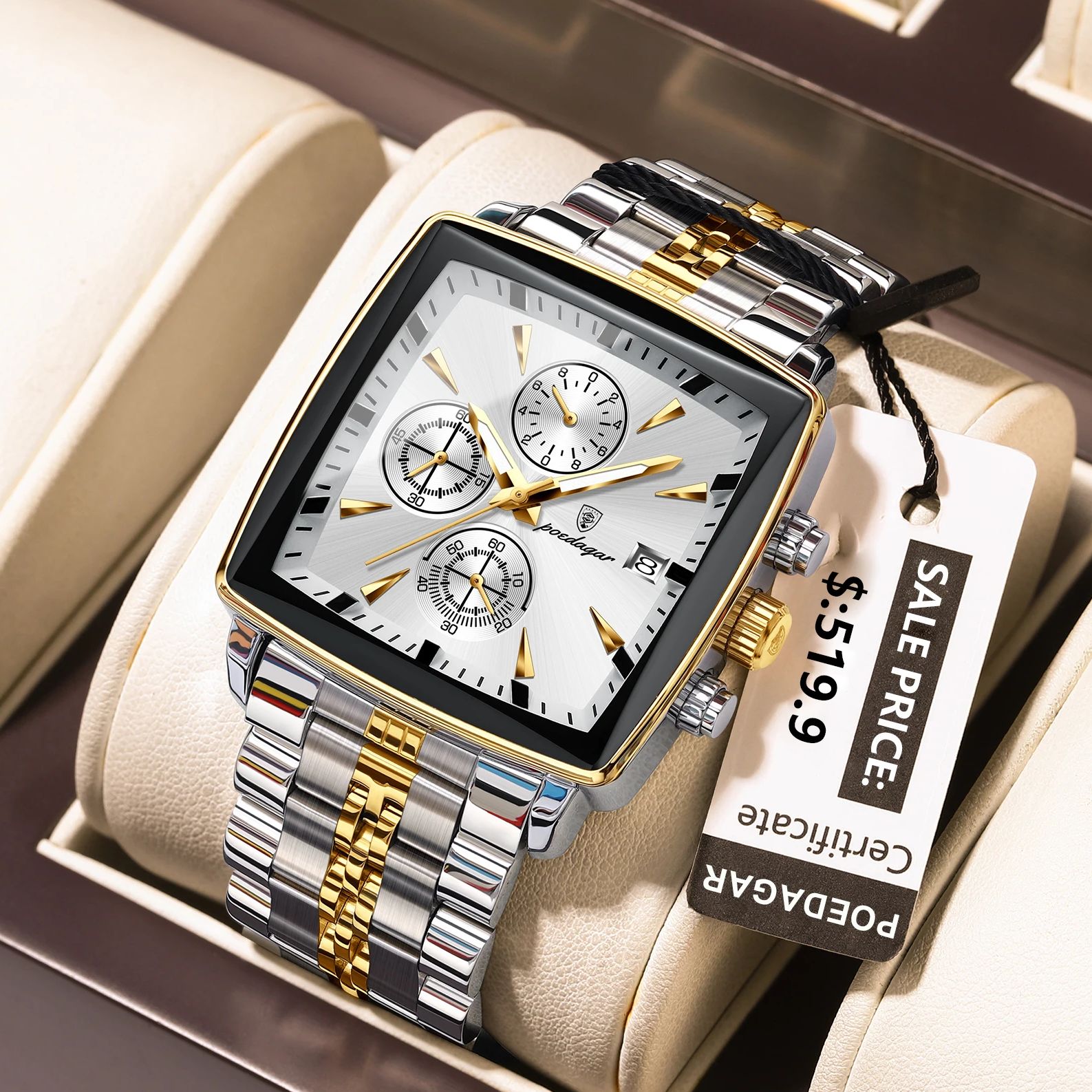 POEDAGAR-Montre-bracelet de sport carrée de luxe pour homme, chronographe Shoe étanche, montres à quartz pour homme, acier inoxydable AI0001