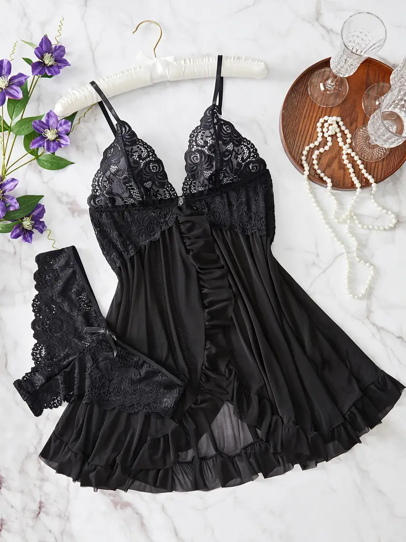Ensemble de lingerie en dentelle à volants pour femmes, robe à enfiler en V profond et string, lingerie et sous-vêtements sexy pour femmes, abonnés AI0001 – Image 6