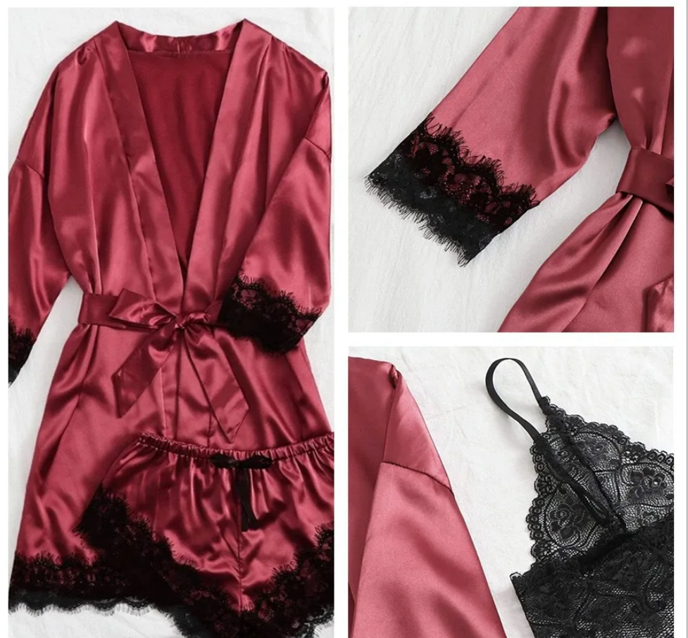 Ensemble pyjama en satin pour femme, 4 pièces, avec bretelles en dentelle, pour dormir, nouvelle collection été AI0001 – Image 2