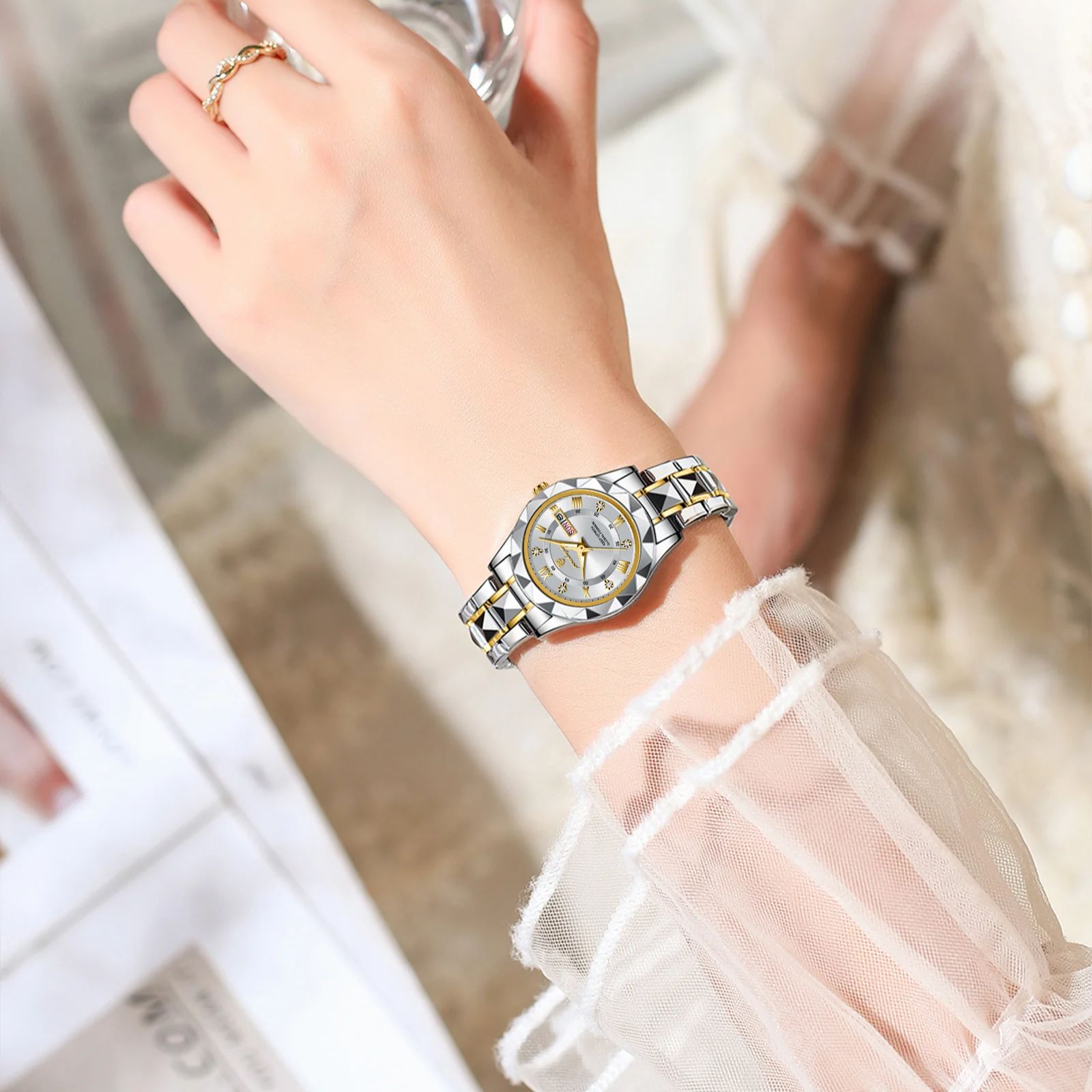 POEDAGAR-Montre à Quartz de Luxe en Acier Inoxydable pour Femme, Montre-Bracelet Étanche et Élégante avec Boîte AI0001 – Image 4
