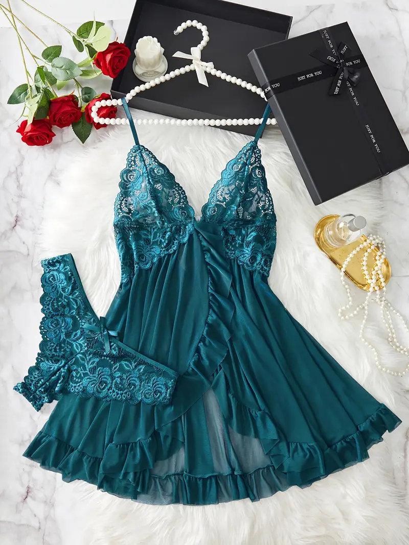 Ensemble de lingerie en dentelle à volants pour femmes, robe à enfiler en V profond et string, lingerie et sous-vêtements sexy pour femmes, abonnés AI0001 – Image 4