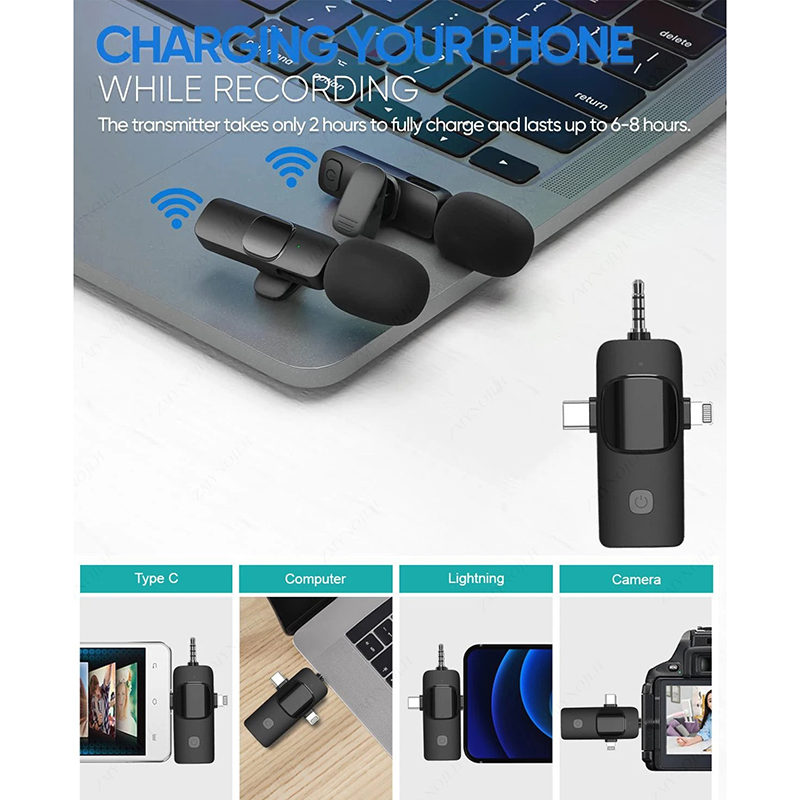 Microphone Lavalier sans fil 4 en 1 pour iPhone Type C, 3.5mm, appareil photo, ordinateur, radio, en direct, réduction statique du bruit, mini microphone AI0001 – Image 5
