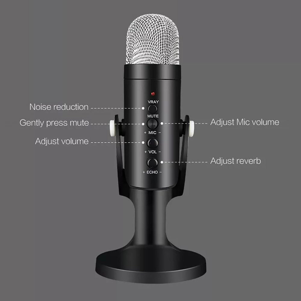 Microphone à condensateur USB professionnel, microphone statique, chant, jeu, diffusion en direct, PC, ordinateur portable, argent, noir, MU-900 AI0001 – Image 5