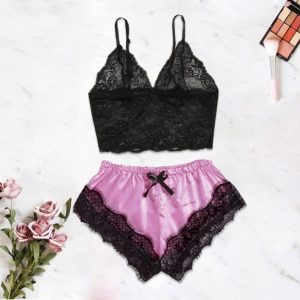 Pyjama Sexy en Dentelle Transparente pour Femme, Noir, Rose, Vêtements Mignons, Confortable, Respirant, Ensemble Short à Bretelles, Nouvelle Collection Été 2024, 2 Pièces AI0001