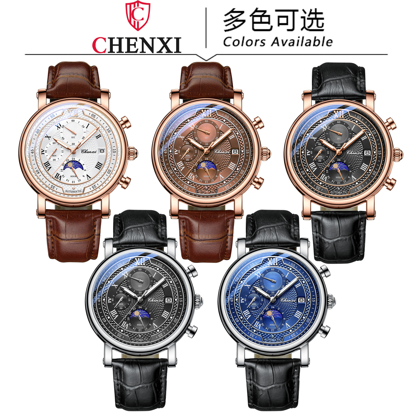 CHENghts-Montre-bracelet en cuir pour homme, chronographe, date, quartz, phase, lune, chronométrage, business, Shoous, 976 AI0001 – Image 3