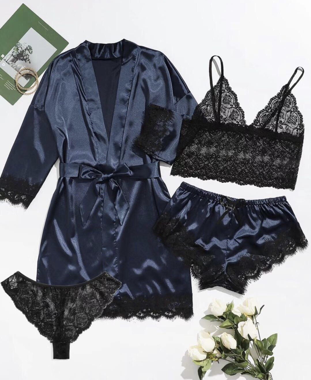 Ensemble pyjama en satin pour femme, 4 pièces, avec bretelles en dentelle, pour dormir, nouvelle collection été AI0001 – Image 4