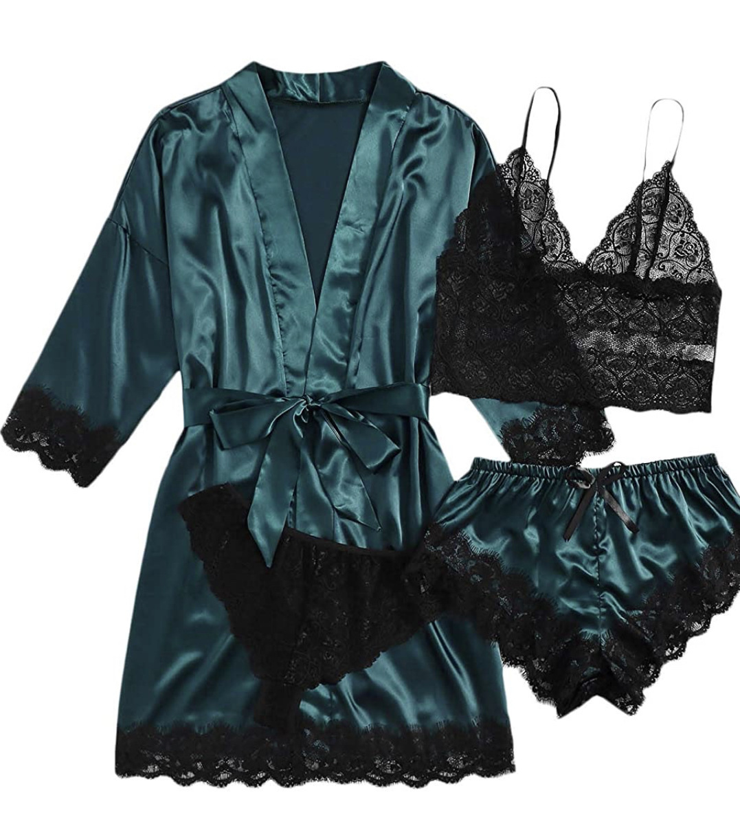 Ensemble pyjama en satin pour femme, 4 pièces, avec bretelles en dentelle, pour dormir, nouvelle collection été AI0001 – Image 3
