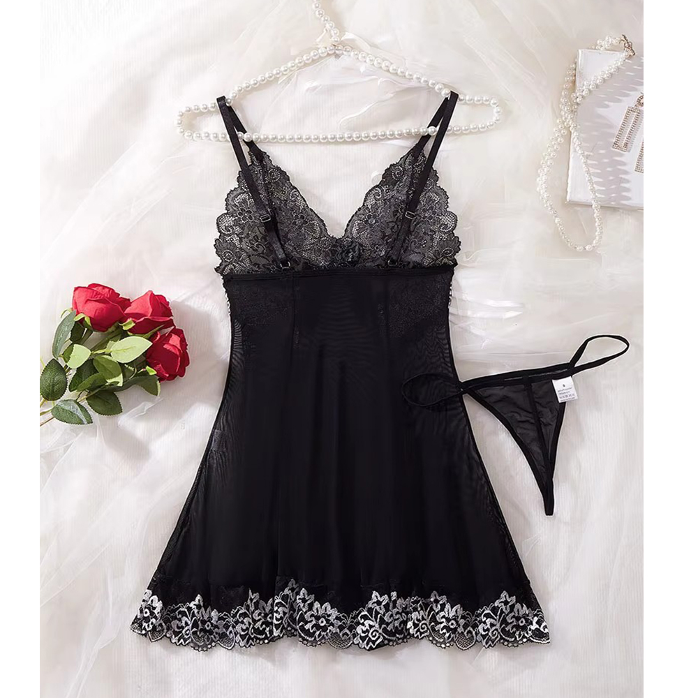 Ensemble pyjama en dentelle pour femmes, vêtements de nuit, nuisette, robe transparente, lingerie sexy, chemise de nuit chaude AI0001 – Image 3