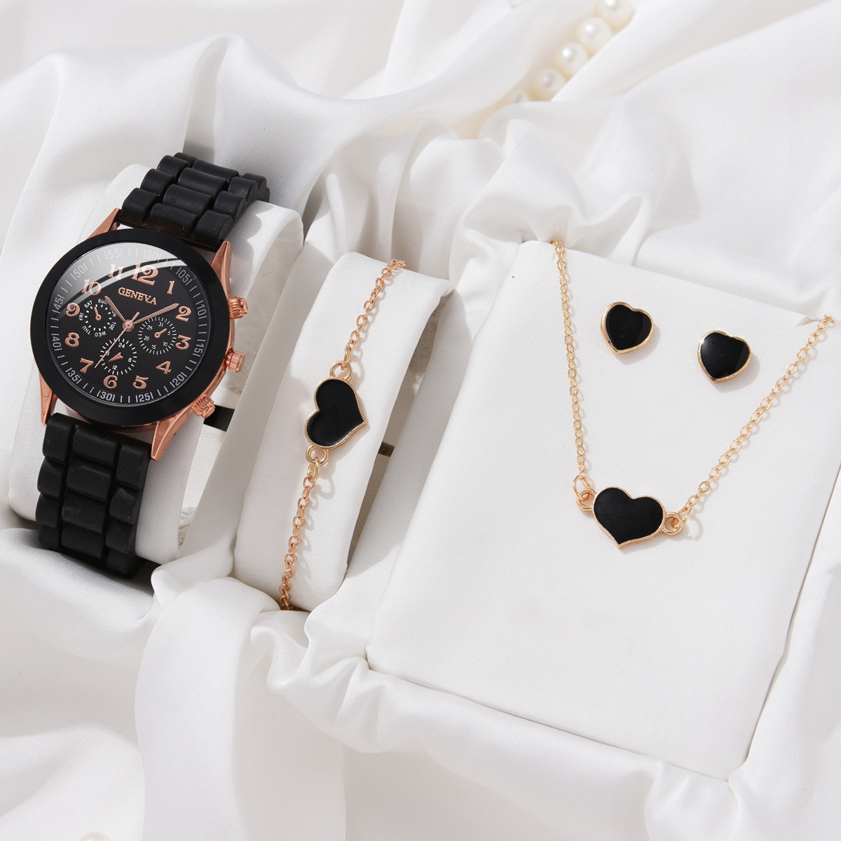 Ensemble de montre-bracelet à quartz pour femme, bague, collier, boucles d'oreilles, bracelet, coeur, papillon, bijoux pour femme, noir, mode de luxe, 5 pièces, 6 pièces AI0001 – Image 6