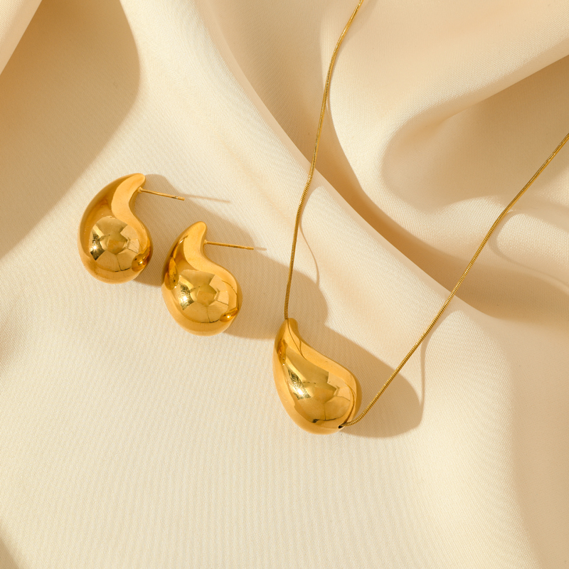 GANEMLY SION L-Ensemble collier et boucles d'oreilles en acier inoxydable pour femme, bijoux à breloques étanches, goutte d'eau creuse, carillon, or, document Bergame AI0001 – Image 2