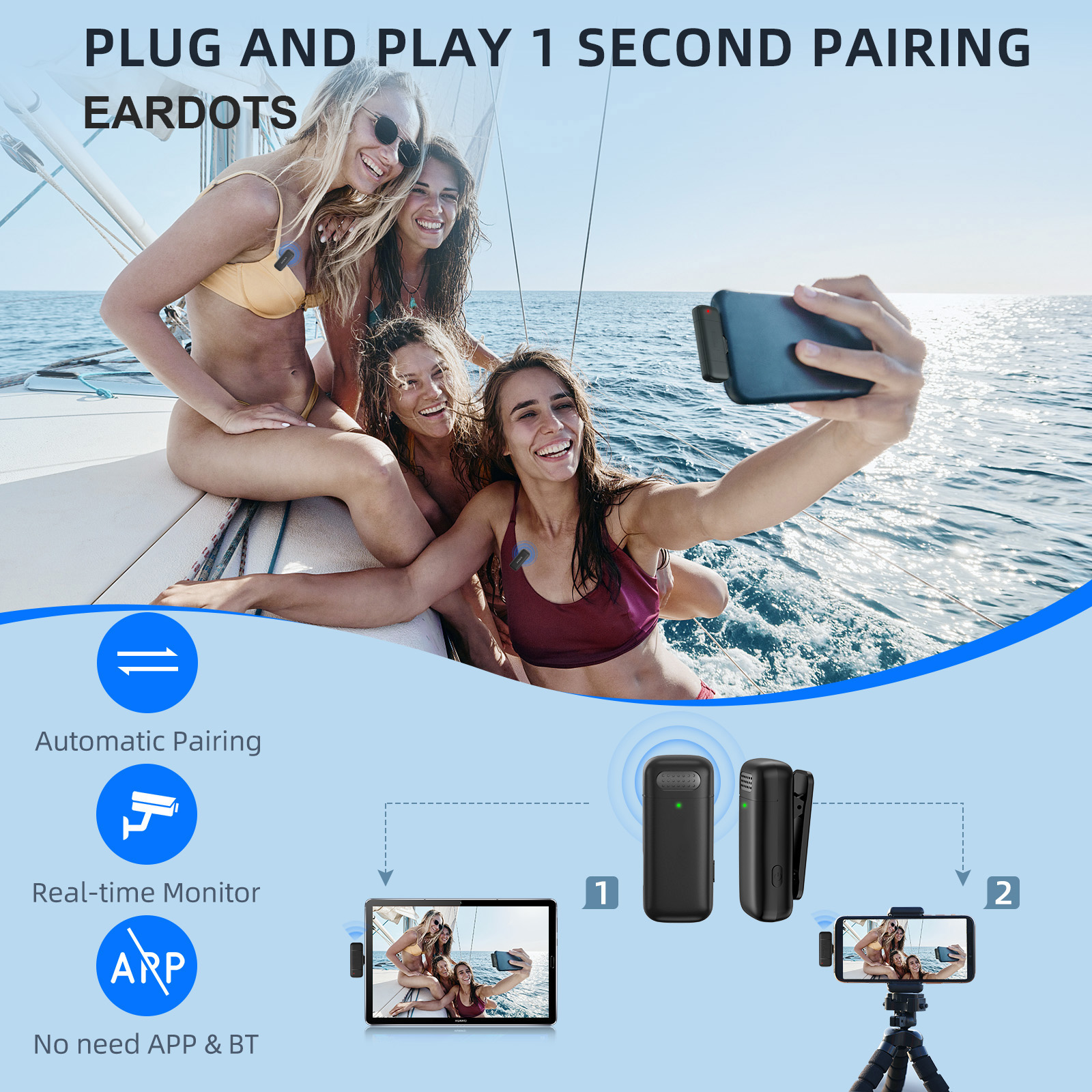 Microphone Lavalier sans fil pour iPhone, téléphone Android, appareil photo, audio, vidéo, 2 microphones à clipser, prometteur TikTok Live, K30, 2 en 1 AI0001 – Image 2