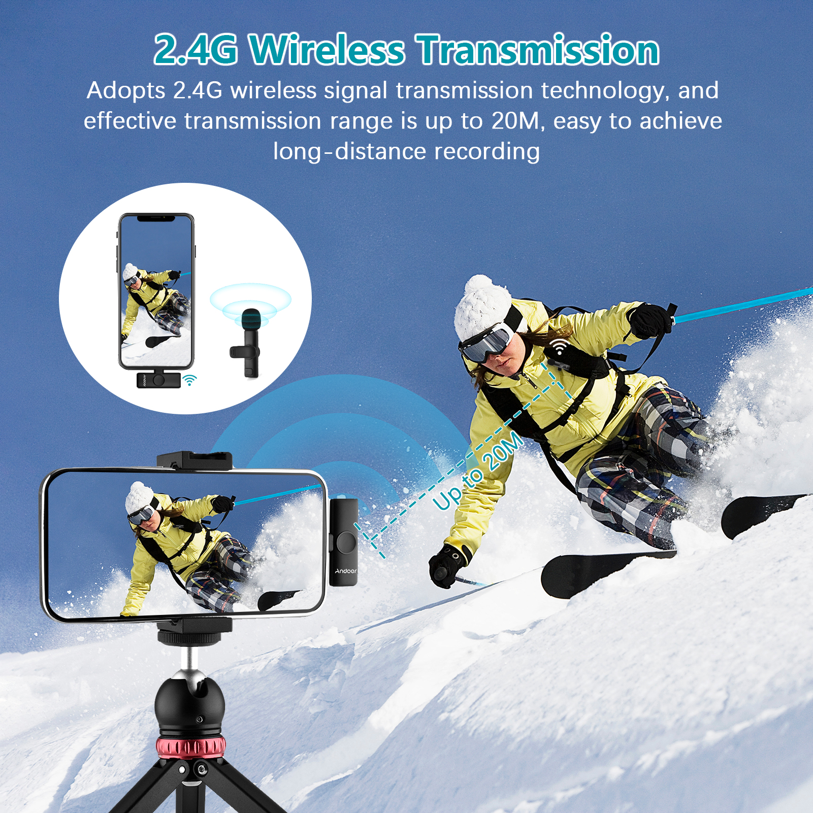 Andoer – système de Microphone sans fil 2.4G, micro à Clip, portée de Transmission de 20m, Plug-and-Play, pour téléphone, tablette, Streaming en direct AI0001 – Image 4