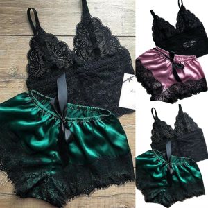 Pyjama Sexy en Dentelle et Satin pour Femme, Nuisette, Vêtements de Maison, Y et Short, Col en V AI0001