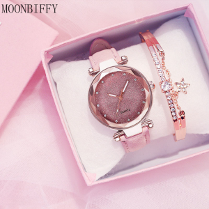 Montre Ciel Étoilé Romantique pour Femme, Décontractée, Bracelet en Cuir, Strass, Styliste, Horloge, Robe Simple, Gfit AI0001