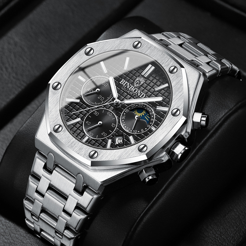 Montre à Quartz en Acier Inoxydable pour Homme, Marque de Luxe, Argent, Mode d'Affaires, Phase de Lune, Chronographe, Horloge Multifonctionnelle AI0001 – Image 7
