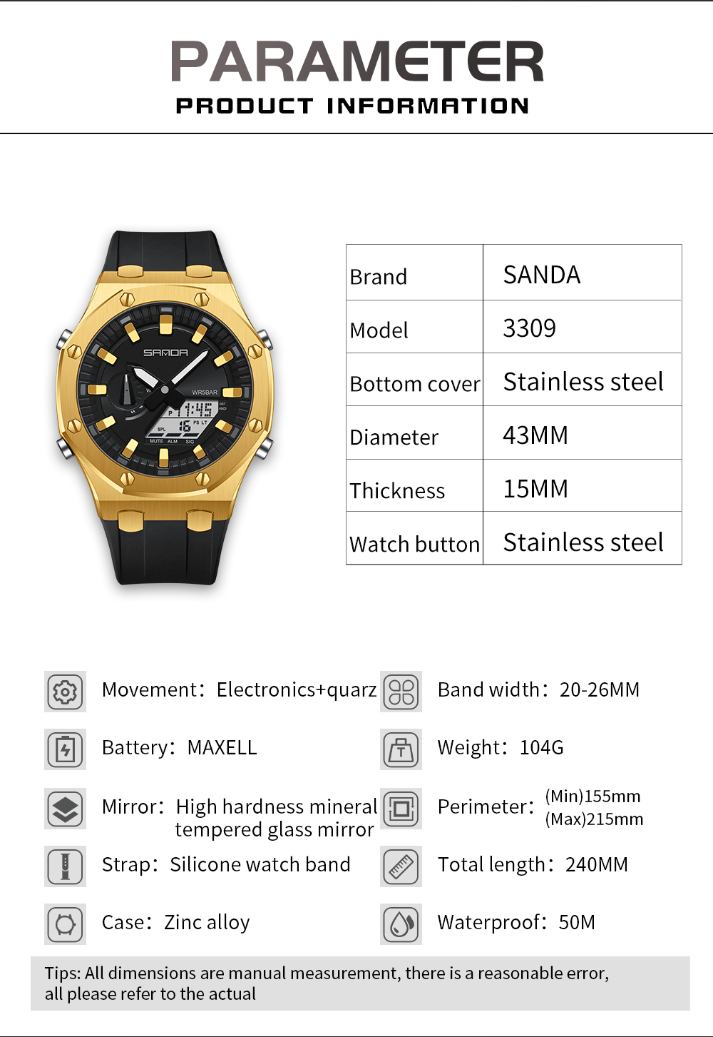 SANDA-Montre numérique de sport militaire pour homme, montres-bracelets électroniques étanches, horloge masculine, antichoc, style 3309 AI0001 – Image 3